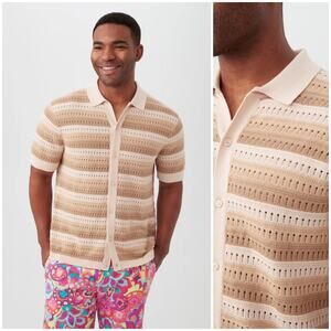MR TURK Men's Small Logan Short Sleeve Polo Shirt open knit beige